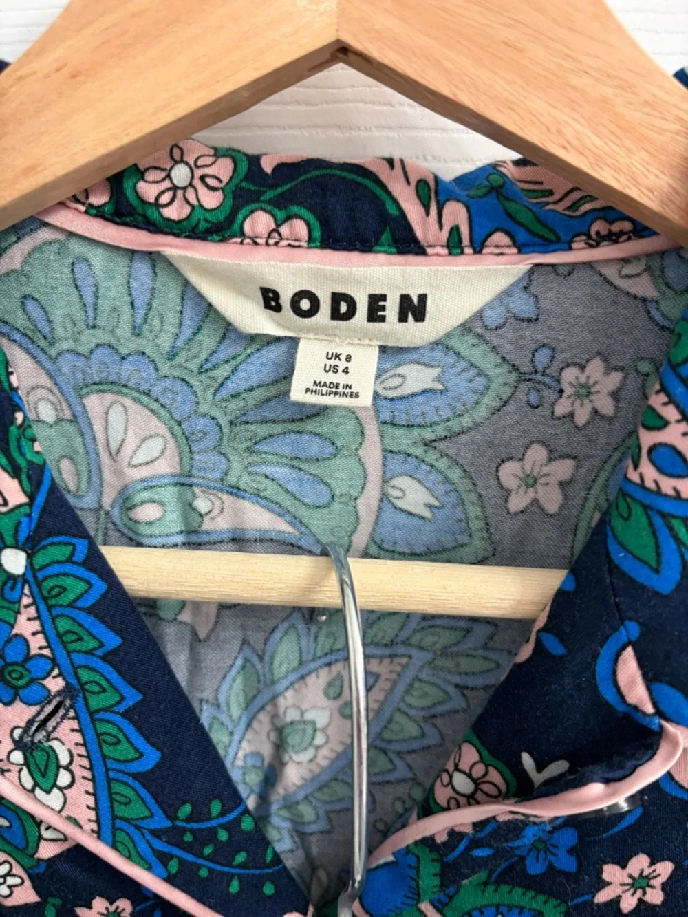Boden Navy Floral Paisley Pajama Set with Pink Trim - Picture 2 of 6